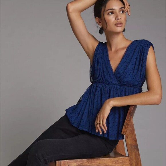 Anthropologie Tulle V-Neck Polka Dot Blouse - Picture 1 of 11